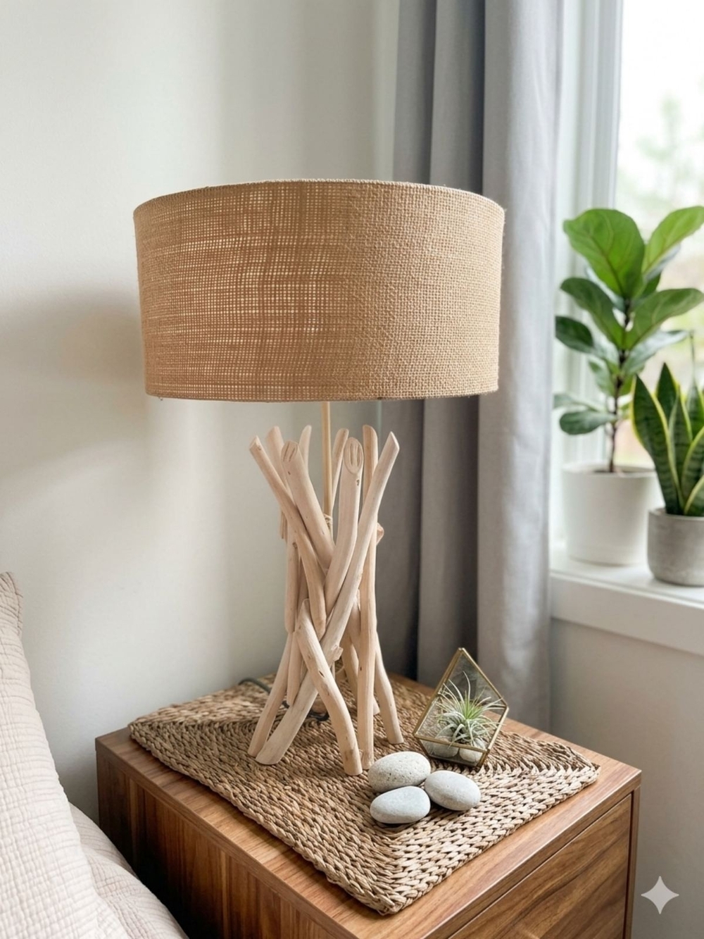Neutral Natural Driftwood Table Lamp with Beige Shade